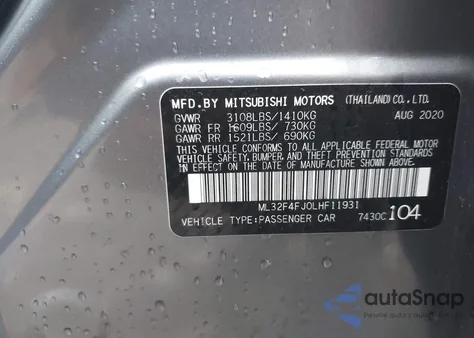 2020 Mitsubishi Mirage G4 Le/Se from USA, damaged, VIN ML32F4FJ0LHF11931